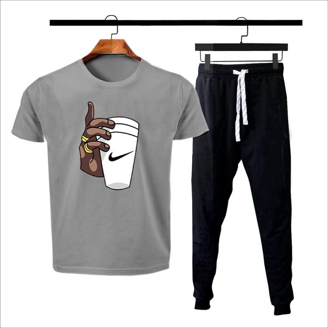 Men Cotton Printed Track Suit Gray Black 2Pcs Medium to XL